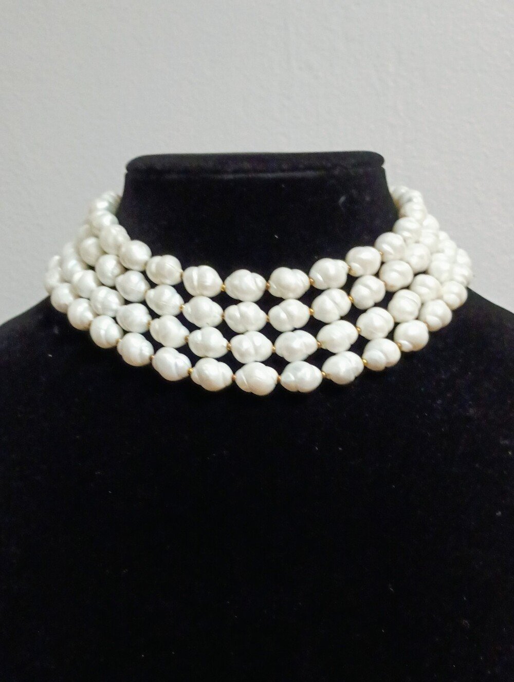 Vintage Signed Trifari Four Strand White Faux Pearl Choker